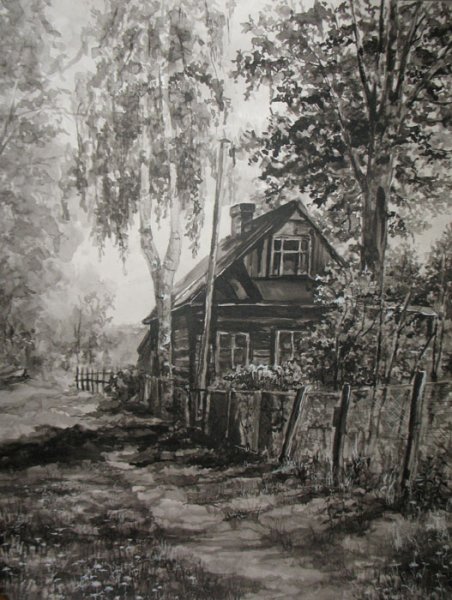 Деревенский пейзаж карандашом