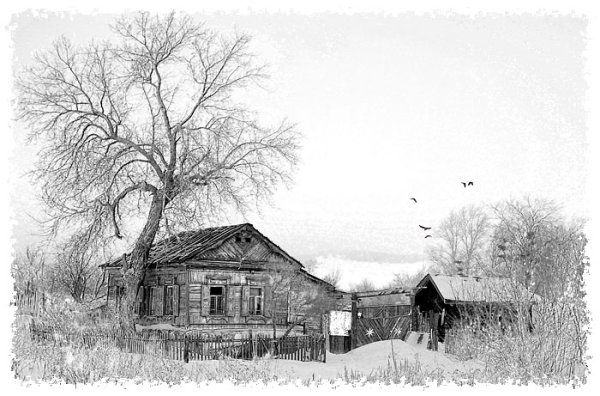 Деревенский пейзаж чёрно белый