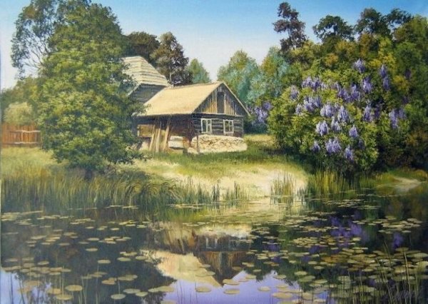 Деревенский домик с колодцем