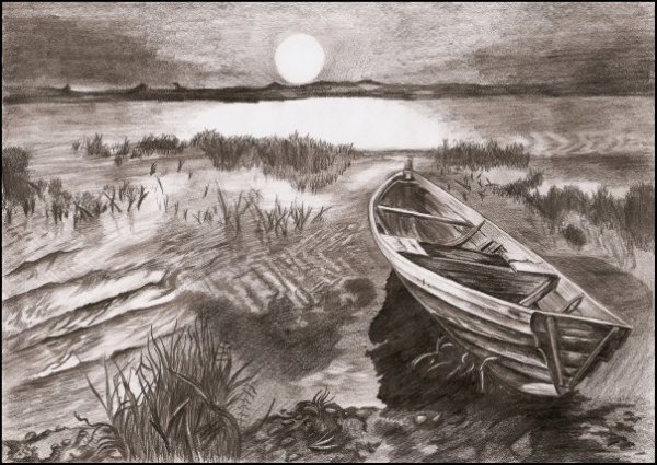 Речной пейзаж карандашом