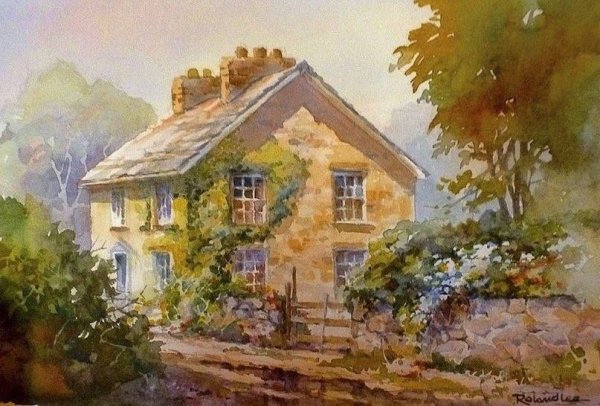 Пейзаж с домиком акварелью