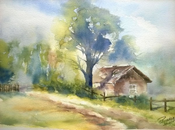 Сельский пейзаж акварелью