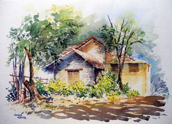 Сельские пейзажи акварелью лето