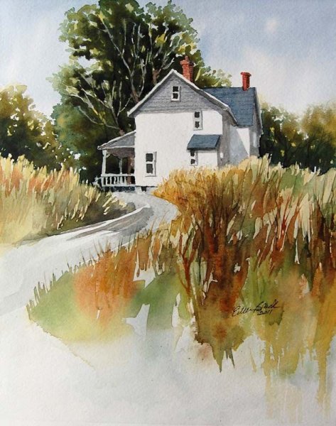 Акварель Норвежская деревня