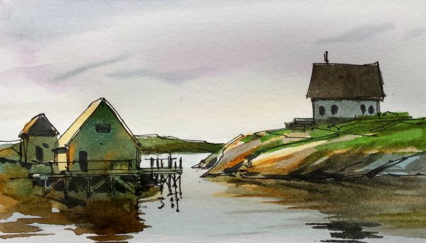 Акварельный пейзаж с домиком