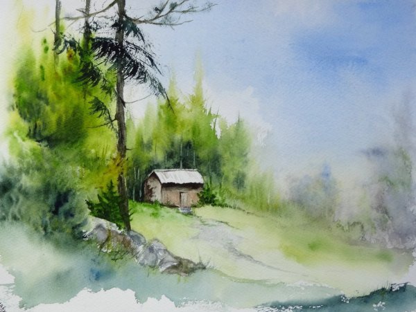 Домик в лесу акварель