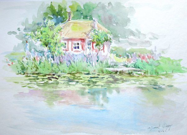 Пейзаж с домом акварелью