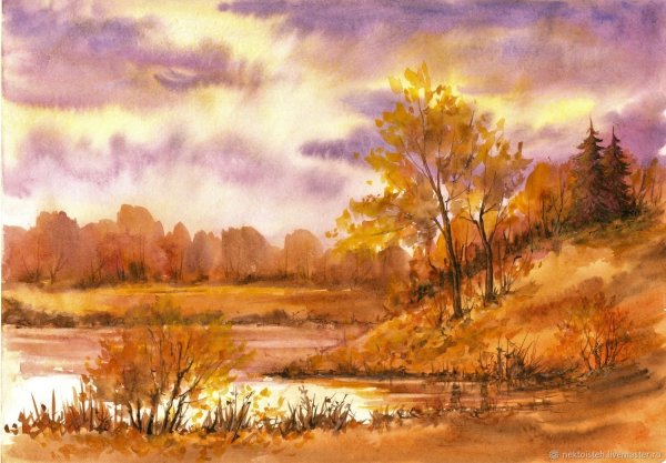 Пейзаж осень гуашью