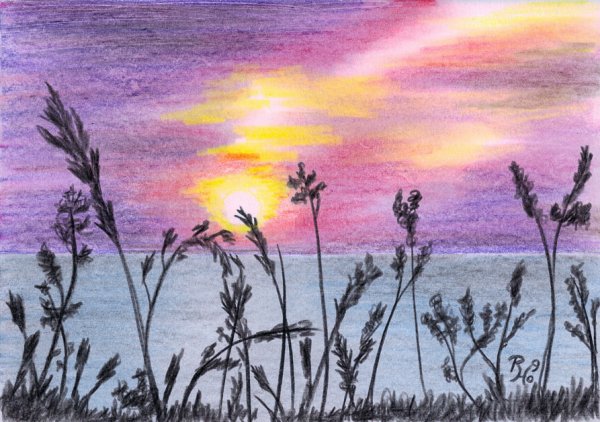 Весенний пейзаж цветными карандашами