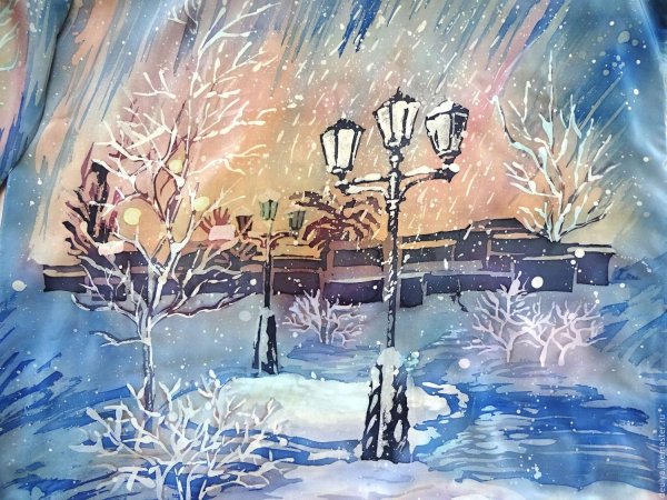 Зимний городской пейзаж гуашью