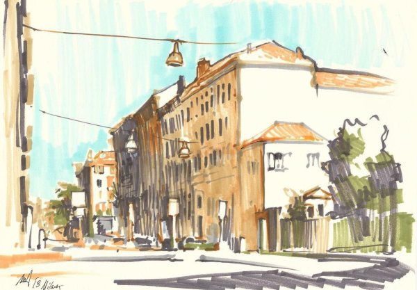 Современный городской пейзаж карандашом