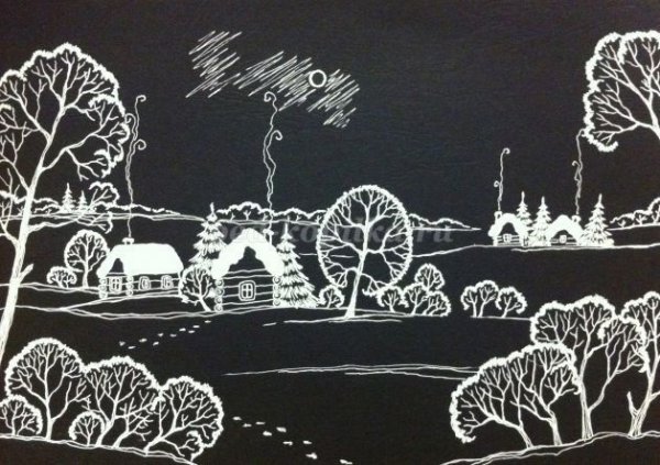 Зимний пейзаж белой гуашью