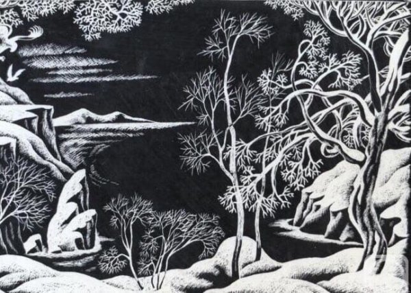 Зимний пейзаж на черном картоне