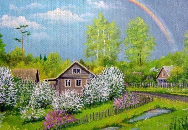 Деревенские пейзажи с радугой