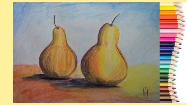 Натюрморт с яблоком и грушей в цвете.