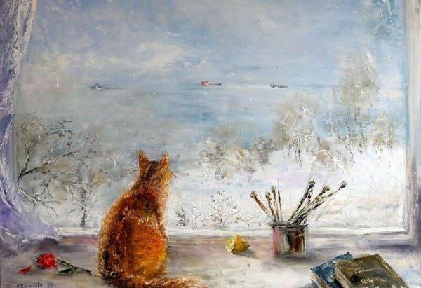 Кошка на окне живопись