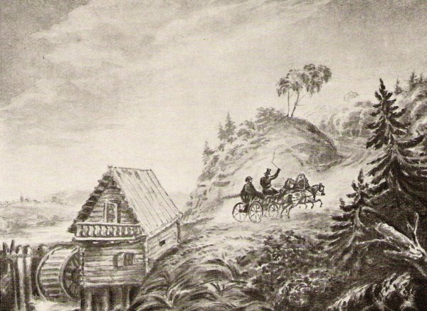 Лермонтова – «пейзаж с мельницей и скачущей тройкой (1835-1836);