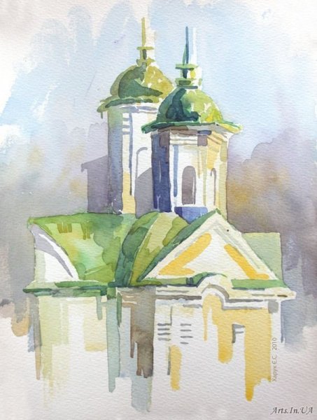 Деревенский пейзаж акварелью