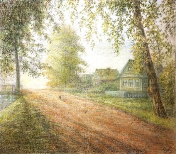 Сельский пейзаж цветными карандашами