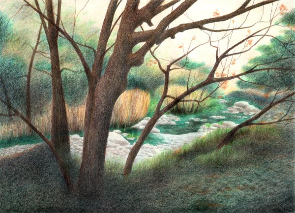 Летний пейзаж цветными карандашами