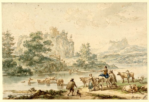 Николас Питерс Берхем. Итальянский пейзаж с мостиком. 1656.