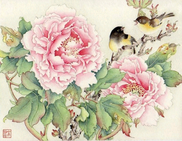 Пионы китайская акварель