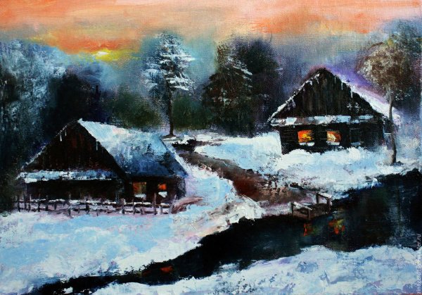 Зимний вечер в деревне живопись
