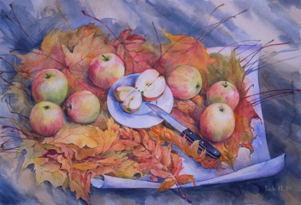 Картина яблоки и листья