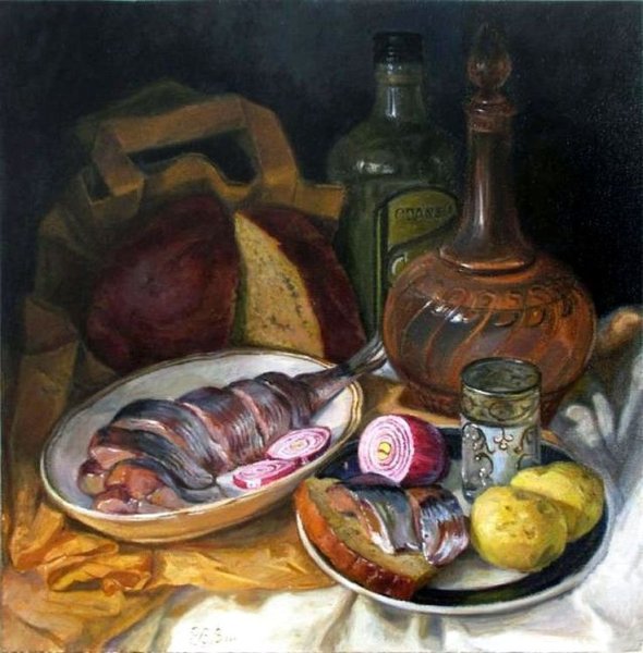 «Натюрморт с хлебом и ветчиной» (Карло маджини, конец XVIII века).