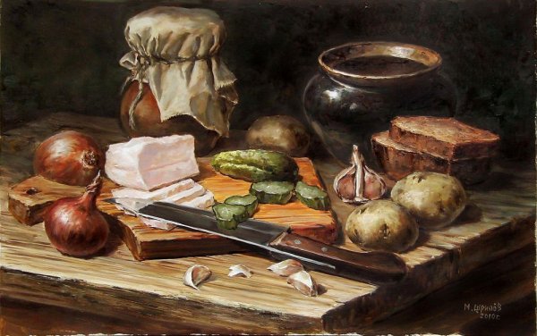 «Натюрморт с хлебом и ветчиной» (Карло маджини, конец XVIII века).