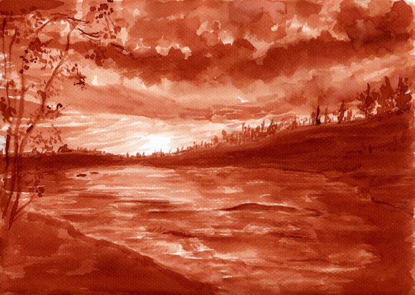 Монохромный пейзаж акварелью