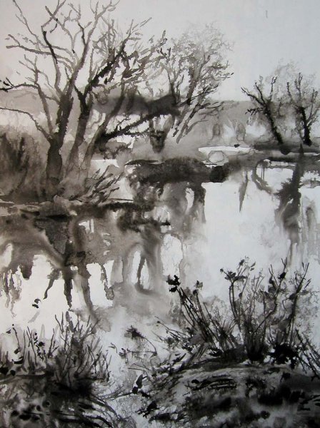 Монохромный пейзаж акварелью