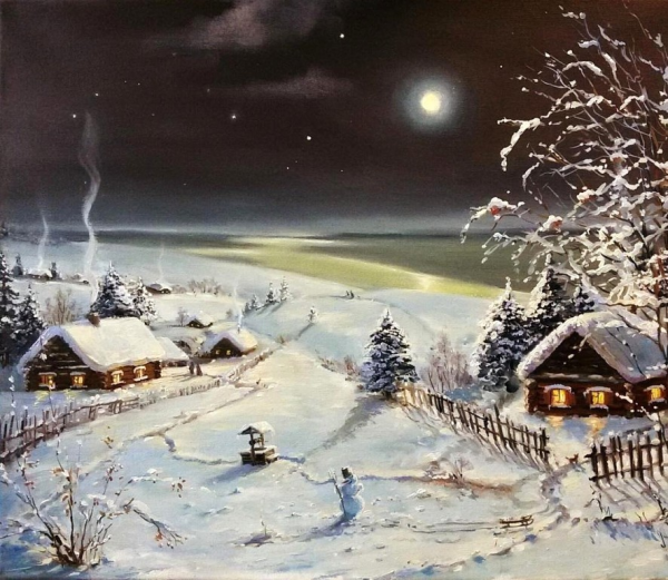 Зимняя ночь в деревне живопись