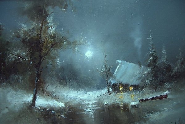 Живопись ночь зима лес