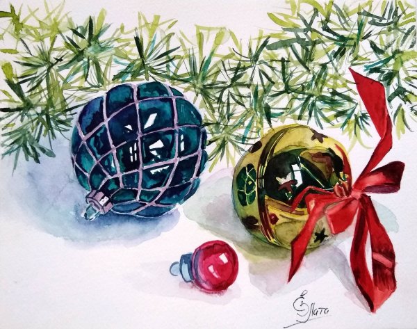 Новогодние шарики акварель