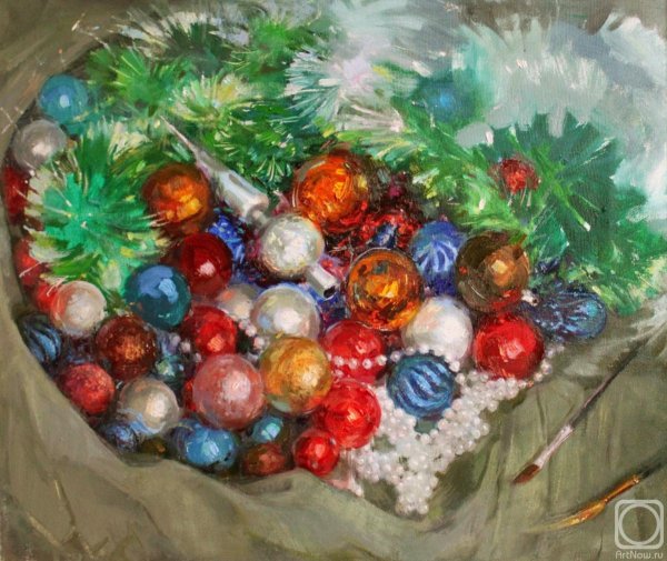 Новогодние игрушки маслом на холсте
