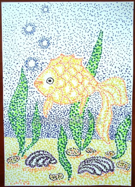 Пуантилизм техника рисования для детей Золотая рыбка