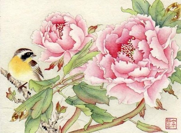 Китайская живопись пионы и птицы