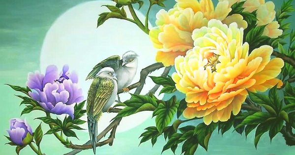 Китайская живопись пионы и птицы