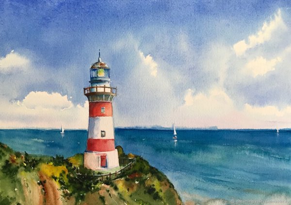 Пейзаж Маяк у моря акварелью