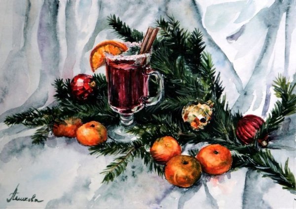 Рождественский натюрморт акварель