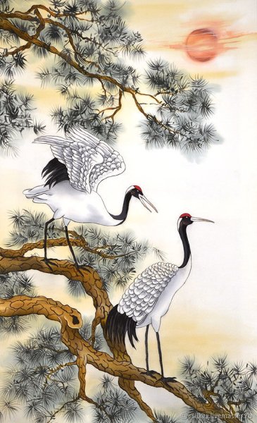 Китайская живопись Журавли и сосна