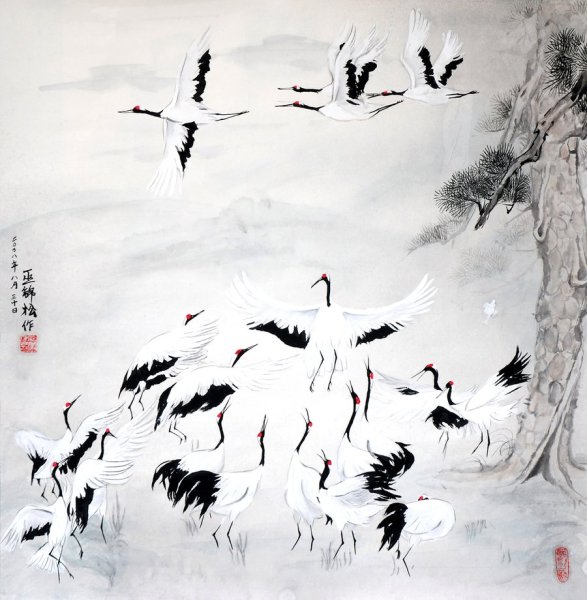 Корейские картина с журавлями