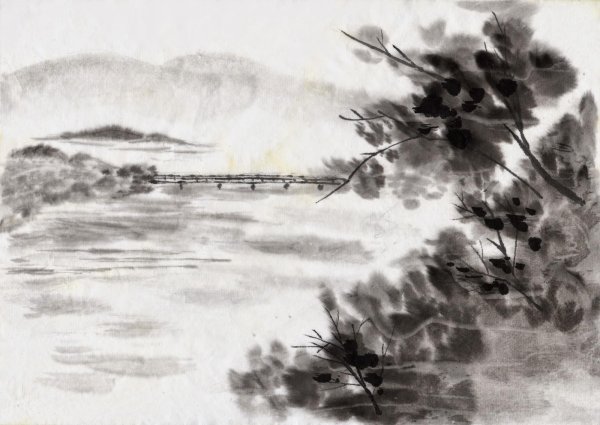 Современный японский пейзаж Графика тушью