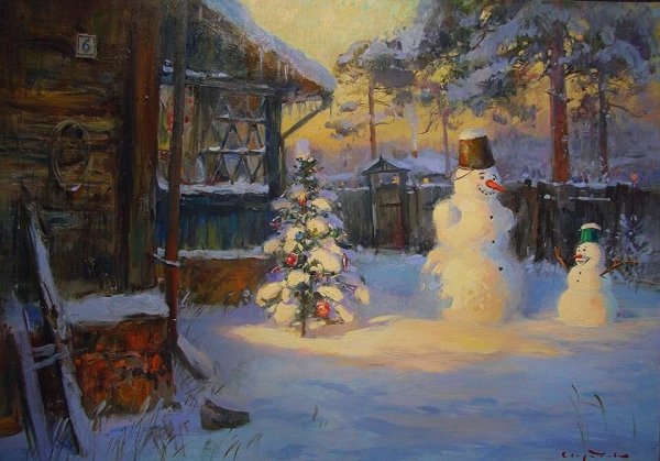 Церковь зимой живопись