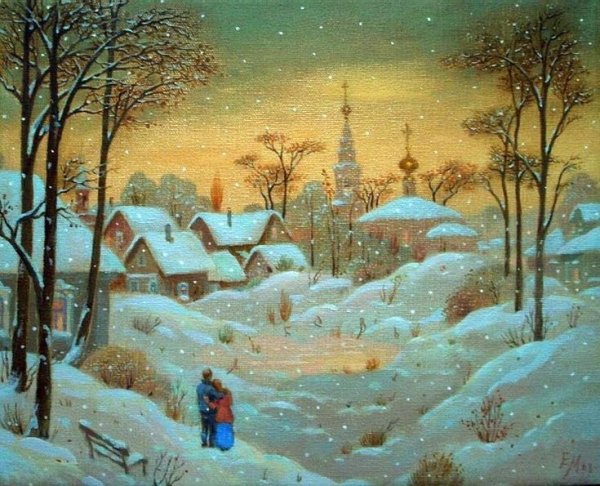 Церковь зимой живопись