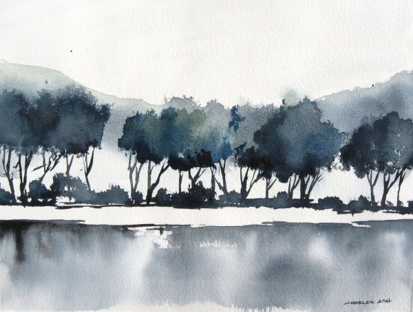 Пейзаж черной акварелью