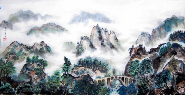 Китайская Акварельная живопись горы