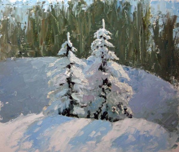 Ель в снегу маслом
