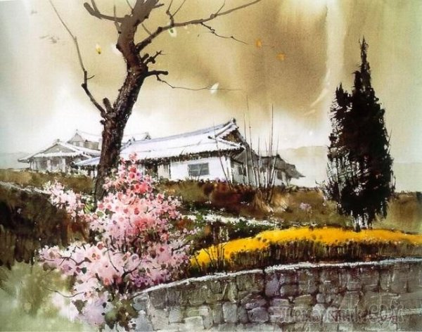 Корея пейзажи акварель